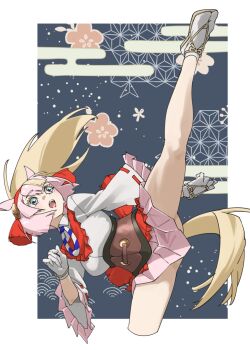 1girl animal_ears bare_shoulders blonde_hair blue_eyes commentary cropped_legs frilled_sleeves frills gloves high_kick highres horizontal_pupils horse_ears horse_girl horse_tail kemono_friends kicking long_hair long_sleeves miniskirt multicolored_hair open_mouth pink_hair pink_skirt pleated_skirt ribbon-trimmed_sleeves ribbon_trim shinme_(kemono_friends) simple_background skirt solo split standing standing_on_one_leg standing_split tabi tail tanabe_(fueisei) tassel two-tone_hair white_gloves wide_sleeves