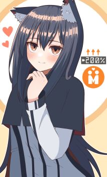 1girl animal_ear_fluff animal_ear_piercing animal_ears arknights arrow_(symbol) black_capelet black_hair blush brown_eyes capelet closed_mouth commentary gameplay_mechanics hair_between_eyes hand_on_own_chin heart highres jacket kuwan4971 long_hair long_sleeves looking_at_viewer smile solo texas_(arknights) upper_body white_jacket wolf_ears wolf_girl