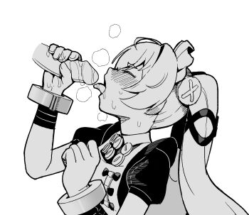 1boy 1girl apron black_dress blush corin_wickes dress fellatio green_hair greyscale hair_between_eyes handjob hball4944 hetero highres licking licking_penis long_hair maid maid_headdress monochrome oral penis puffy_short_sleeves puffy_sleeves purple_eyes screw_hair_ornament short_sleeves twintails uncensored zenless_zone_zero