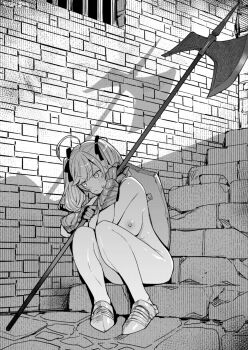 1girl ahoge armored_shoes axe battle_axe blush breasts commentary_request female_focus frown gauntlets hair_ribbon highres holding holding_axe holding_polearm holding_weapon knees_to_chest large_breasts nijisanji nipples nude outdoors polearm ribbon screentones shield sitting solo stairs stone_walkway stone_wall takamiya_rion tanaka_ahiru twintails virtual_youtuber wall weapon