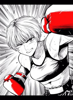 Rule 34 | 1girl, boxing, boxing gloves, boxing shorts, breasts, commentary request, flying sweatdrops, gloves, hatching (texture), highres, lee (dragon garou), letterboxed, linear hatching, midriff, monochrome, motion lines, mouth guard, one eye closed, original, punching, red gloves, short hair, shorts, small breasts, solo, speed lines, sports bra, spot color, sweat, upper body, very sweaty