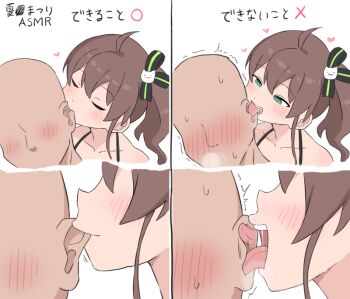 1boy 1girl asmr blush brown_hair bubukka cat_hair_ornament closed_eyes collarbone commentary_request ear_licking faceless faceless_male french_kiss green_eyes hair_ornament heart hetero hololive kiss licking natsuiro_matsuri nose_blush open_mouth side_ponytail tongue tongue_out translation_request trembling