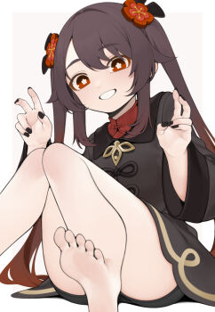 1girl brown_hair commentary_request double_v dress e_draw_paint feet flower flower-shaped_pupils genshin_impact grin hair_flower hair_ornament hu_tao_(genshin_impact) long_hair looking_at_viewer red_eyes simple_background sitting smile solo symbol-shaped_pupils twintails v very_long_hair white_background