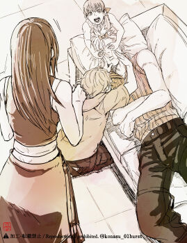 2boys 2girls absurdres apron bare_arms bare_shoulders black_pants bow cloud_strife commentary_request couch denzel_(ff7) final_fantasy final_fantasy_vii final_fantasy_vii:_advent_children from_above from_behind hair_bow hair_ribbon hands_on_another's_cheeks hands_on_another's_face highres indoors kneeling konasu_(01burst) long_hair looking_at_another lying marlene_wallace monochrome multiple_boys multiple_girls on_back on_couch open_mouth pants pillow ribbed_shirt ribbon shirt short_hair sleeping sleeveless sleeveless_shirt spiked_hair squeezing_cheeks standing tifa_lockhart waist_apron