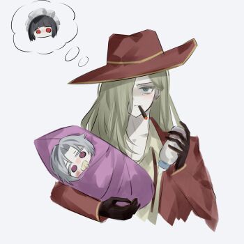 1boy 2girls aged_down black_gloves black_hair blonde_hair bottle cigar formal_clothes gloves hair_over_one_eye hat highres limbus_company lucio_(project_moon) maid maid_headdress milk_bottle millaligusticum multiple_girls nelly_(project_moon) pacifier project_moon purple_eyes red_hat red_suit short_hair simple_background smoking speech_bubble suit thought_bubble upper_body valencina_(project_moon) white_background white_hair