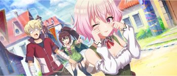 1boy 2girls ;p bandaged_arm bandages black_thighhighs blank_eyes blonde_hair blue_sky breasts brown_hair building cape choker cleavage cloud cloudy_sky collar day detached_collar dust_(konosuba) frilled_shirt frills game_cg garter_straps green_cape green_eyes green_jacket hair_between_eyes high_ponytail highres jacket kono_subarashii_sekai_ni_shukufuku_wo! konosuba!_fantastic_days lean_(konosuba) long_hair long_sleeves looking_at_another medium_breasts multicolored_jacket multiple_girls neck_ribbon off-shoulder_shirt off_shoulder official_alternate_costume official_art one_eye_closed open_mouth outdoors partially_unzipped pink_eyes pink_hair pink_shirt pointing pointing_at_another ponytail red_jacket red_ribbon ribbon road shaded_face shinjin_succubus_(konosuba) shirt short_hair short_shorts shorts sidelocks sky sparkle standing street striped_clothes striped_shirt sunlight sweat teardrop thighhighs tongue tongue_out two-tone_jacket wavy_hair white_collar white_jacket white_shirt