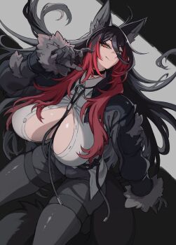 10den 1girl ahoge animal_ear_fluff animal_ears black_choker black_hair black_jacket breasts choker cleavage collarbone commentary fur-trimmed_sleeves fur_trim hair_between_eyes highres huge_breasts jacket light_smile long_hair looking_at_viewer multicolored_hair orange_eyes original red_hair solo tall_female thick_thighs thighs