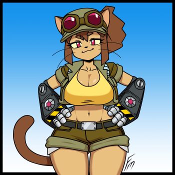 1girl absurdres animal_ears breasts cat cat_ears cat_girl cat_tail cleavage fungus-man gameoverse goggles goggles_on_head hands_on_own_hips hat head_tilt highres jacket kit_bodega large_breasts mechanical_arms midriff self-upload short_shorts shorts tail wide_hips