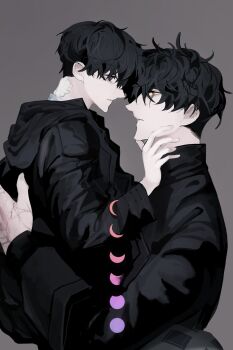 Rule 34 | 2boys, absurdres, bandage on neck, black eyes, black hair, black jacket, black shirt, carrying, carrying person, commentary request, from side, hand on another's chin, hayu beck, highres, hood, hood down, jacket, kim dokja, korean commentary, looking at another, looking at viewer, male focus, moon phases, multiple boys, multiple scars, oldest dream, omniscient reader's viewpoint, scar, scar across eye, scar on face, scar on hand, shirt, short hair, yellow eyes, yoo joonghyuk