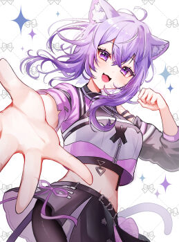1girl ahoge animal_ear_fluff animal_ears black_pantyhose black_skirt blush breasts cat_ears cat_girl commentary_request hair_between_eyes highres hololive looking_at_viewer medium_breasts medium_hair midriff nekomata_okayu open_mouth pantyhose purple_eyes purple_hair purple_shirt reaching reaching_towards_viewer shirt skirt smile solo stomach tail tottoko_mayo