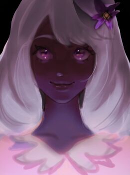 1girl dark_skin fascinator jacinthe_(pokemon) long_hair looking_at_viewer low_drills nintendo pokemon pokemon_legends:_z-a portrait purple_eyes purple_hair smile solo titty_pizza very_dark_skin