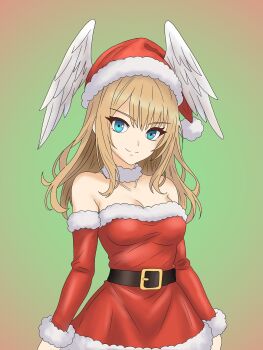 1girl arttymora blue_eyes commentary dress english_commentary eunie_(xenoblade) hat head_wings highres looking_at_viewer santa_costume santa_dress santa_hat simple_background smile wings xenoblade_chronicles_(series) xenoblade_chronicles_3