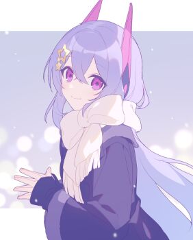 1girl black_jacket bow closed_mouth commentary_request fringe_trim fur-trimmed_sleeves fur_trim hair_between_eyes hair_ornament headgear hijiri_(resetter) jacket long_hair long_sleeves nayuta_(hijiri) original purple_eyes purple_hair scarf scarf_bow sleeves_past_wrists smile snowing solo star_(symbol) star_hair_ornament steepled_fingers upper_body very_long_hair white_scarf wide_sleeves