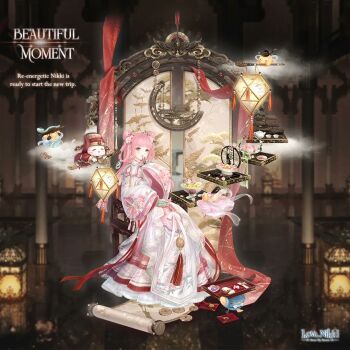 1girl =_= animal artist_request beautiful_moment_(miracle_nikki) blunt_bangs braid braided_hair_rings brown_eyes capelet cat chair character_name chinese_clothes closed_mouth clothed_animal cloud coin copyright_logo cosmetics dessert english_text fan_to_mouth floral_print flower folded_fan folding_fan food full_body gifty_(nikki) gold_coin hair_flower hair_ornament hair_rings hand_fan hanfu happy hat holding holding_fan holding_lantern holed_coin indoors lantern lipstick logo long_hair long_sleeves looking_at_viewer makeup miracle_nikki momo_(nikki) nikki_(nikki) nikki_(series) official_alternate_costume official_art on_chair pillar pink_hair pink_ribbon print_sleeves red_hanfu red_hat red_lips red_ribbon ribbon scroll sitting sleeve_ribbon sleeves_past_wrists tassel teapot third-party_source tray twin_braids whiskers white_capelet white_cat white_hanfu yunjian