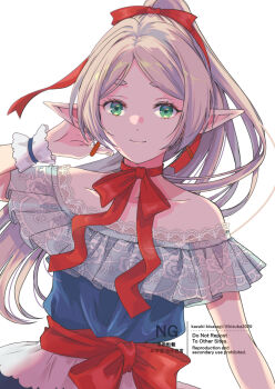 1girl alternate_costume bare_shoulders blue_eyes dress elf frieren highres kizuka2020 long_hair looking_at_viewer pointy_ears short_eyebrows simple_background smile solo sousou_no_frieren upper_body watermark white_background white_hair