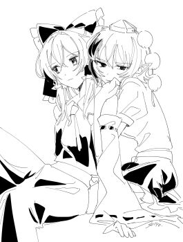 Rule 34 | 2girls, arm support, ascot, bow, commentary, couple, detached sleeves, frilled bow, frilled hair tubes, frilled skirt, frills, greyscale, hair bow, hair tubes, hakurei reimu, hat, highres, hug, hug from behind, looking at viewer, looking to the side, monochrome, multiple girls, nontraditional miko, pom pom (clothes), ribbon-trimmed sleeves, ribbon trim, shameimaru aya, shirt, short hair, simple background, sitting, sketch, skirt, tokin hat, touhou, uehara suiyo, yuri