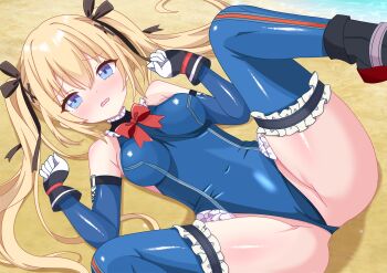 1girl ass blonde_hair blue_eyes blue_leotard blue_thighhighs blush bow bowtie breasts dead_or_alive frilled_leotard frilled_thighhighs frills gloves highleg highleg_leotard highres hiiragisensei leotard long_hair lying marie_rose medium_breasts multicolored_gloves nose_blush red_bow red_bowtie solo spread_legs thighhighs twintails w_arms