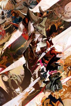 1girl abstract_background absurdres armor colorful commentary dark_skin from_side hat highres kevin_adi original solo symbol-only_commentary white_eyes white_hair wizard_hat