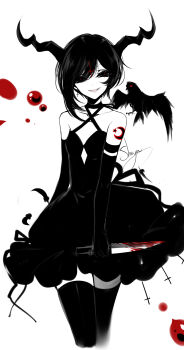 1girl absurdres artist_name bad_id bad_pixiv_id bird black_choker black_dress black_gloves black_hair black_sclera black_thighhighs blood bloody_knife bloody_weapon breasts choker collarbone colored_sclera commentary constricted_pupils cowboy_shot crescent criss-cross_halter cross demon_horns dress elbow_gloves eve_(the_binding_of_isaac) fangs feathers female_focus gloves hair_between_eyes halterneck highres holding holding_knife holding_weapon horns inverted_cross knife limited_palette open_mouth red_eyes reverse_grip sheya short_hair shoulder_tattoo signature simple_background small_breasts smile solo spot_color star_(symbol) symbol-only_commentary tattoo the_binding_of_isaac thighhighs thighs weapon white_background zettai_ryouiki