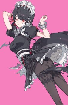 1girl absurdres arms_up ass awe_(adorableduckyy) black_dress black_hair black_pantyhose breasts colored_inner_hair cowboy_shot dress ellen_joe fins fish_tail frilled_wristband from_side hairband half-closed_eye highres large_breasts looking_at_viewer maid_headdress metal_hairband mole mole_on_arm mole_under_eye multicolored_hair open_mouth pantyhose pink_background razor_blade_hair_ornament red_eyes red_nails scar scar_on_tail shark_girl shark_tail short_hair solo spiked_headband tail zenless_zone_zero