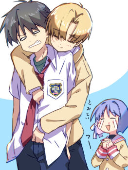 Rule 34 | 1girl, 2boys, :d, = =, akayama yukihe, annoyed, aroused nosebleed, black hair, blazer, blonde hair, blue background, blush, blush stickers, carrying, clannad, clenched teeth, closed eyes, closed mouth, collared shirt, commentary, cowboy shot, crying, fujibayashi ryou, fujoshi, hair intakes, hands up, happy, happy tears, highres, hikarizaka private high school uniform, hug, hug from behind, interlocked fingers, jacket, long sleeves, multiple boys, necktie, nosebleed, okazaki tomoya, open mouth, own hands together, red necktie, sailor collar, school uniform, serafuku, shirt, short hair, short sleeves, simple background, smile, spiked hair, streaming tears, sunohara youhei, tears, teeth, translated, two-tone background, v-shaped eyebrows, white background, white sailor collar, white shirt, yaoi, yellow jacket