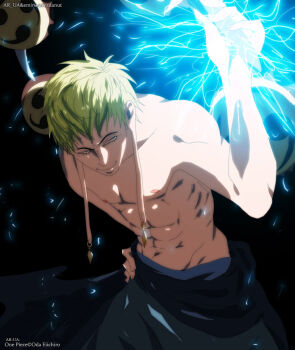 1boy blonde_hair earrings electricity enel highres jewelry male_focus one_piece topless_male skypiea solo tomoe_(symbol)