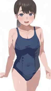 1girl black_hair blue_eyes blue_one-piece_swimsuit breasts cleavage covered_navel cowboy_shot highres large_breasts looking_at_viewer low_ponytail nekoshoko new_school_swimsuit one-piece_swimsuit open_mouth original ponytail round_teeth school_swimsuit simple_background smile solo swimsuit teeth upper_teeth_only white_background