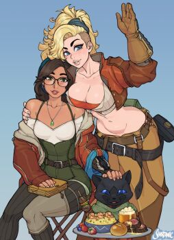 2girls alcohol alma_(monster_hunter_wilds) animal_ears arm_around_shoulder artist_logo asymmetrical_hair bandana bare_shoulders beer belt black-framed_eyewear blacksmith blonde_hair blue_background blue_eyes blush book braid bread breasts brown_hair cat cat_ears cleavage collarbone commentary cropped_jacket dark-skinned_female dark_skin earrings english_commentary felyne food freckles fruit gemma_(monster_hunter_wilds) glasses hairband hammer hand_on_another's_head highres holding holding_skewer jacket jewelry leather leather_belt leather_jacket lipstick logo looking_at_viewer makeup meat monster_hunter_(series) monster_hunter_wilds multiple_braids multiple_girls navel necklace pants parted_lips plate shardanic side-by-side signature single_earring sitting skewer stool tool_belt tools upper_body waving