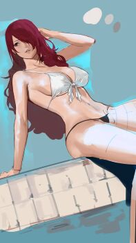 1girl arm_up bikini blue_sky bracelet breasts cloud cup drinking_glass drinking_straw eyewear_on_head hair_over_one_eye j@ck jewelry kirijou_mitsuru large_breasts long_hair parted_lips persona persona_3 red_eyes red_hair sitting sky solo swimsuit tree unfinished white_bikini