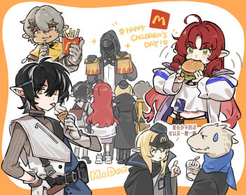 12f_(arknights) 1other 2girls 3boys :t ahoge arknights bag belt belt_pouch big_mac black_belt black_coat black_footwear black_hair black_hat black_scarf black_thighhighs blonde_hair blue_eyes blue_scarf brown_bag brown_eyes burger chestnut_(arknights) children's_day chinese_text coat commentary_request copyright_name crop_top cup curtained_hair deformed disposable_cup doctor_(arknights) drinking_straw durin_(arknights) eating fast_food favilia food food_in_mouth french_fries full_mouth garrison_cap gloves green_eyes grey_hair grey_socks hat holding holding_bag holding_food holding_ice_cream holding_ice_cream_cone ice_cream ice_cream_cone index_finger_raised inset_border licking lizardman logo long_hair long_sleeves looking_at_another looking_at_viewer mcdonald's midriff minimalist_(arknights) multiple_boys multiple_girls myrtle_(arknights) object_behind_ear open_clothes open_coat paper_bag parted_bangs pencil pink_socks pointy_ears pouch red_hair reptile_boy scarf shirt short_hair simplified_chinese_text sleeves_past_fingers sleeves_past_wrists socks striped_clothes striped_shirt sweatdrop talking tank_top thighhighs tongue tongue_out translation_request utility_belt vertical-striped_clothes vertical-striped_shirt visor_cap white_background white_footwear white_gloves white_tank_top wide_sleeves yellow_scarf |_|