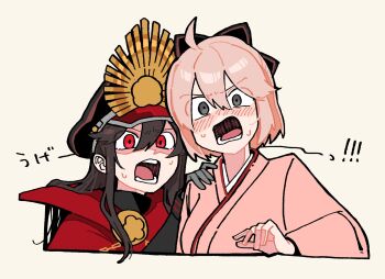 ! 2girls ahoge black_hair blonde_hair blush cape collared_cape fate/grand_order fate_(series) gasp goma1021 grey_eyes hat highres japanese_clothes kimono koha-ace long_hair multiple_girls oda_nobunaga_(fate) oda_nobunaga_(koha-ace) oda_uri okita_souji_(fate) red_cape red_eyes saberface sweat