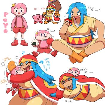 1girl 1other apple blue_eyes blush_stickers cape closed_eyes commentary_request feet food fruit genderswap genderswap_(mtf) gloves hair_ornament hammer hat holding humanization kasugai_(de-tteiu) king_dedede kirby kirby_(series) long_hair maxim_tomato musical_note nintendo onigiri open_mouth pink_hair red_hat short_hair simple_background smile star_(symbol) suspenders v weapon white_background