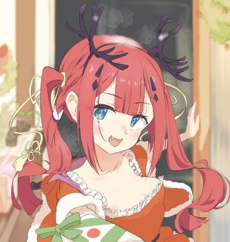 1girl alternate_costume alternate_hairstyle antlers black_hairband blue_eyes blunt_bangs blurry blurry_background blush bow braid breasts center-flap_bangs cleavage collarbone commentary_request domotteru dress eyelashes fake_antlers fang floating_hair frilled_dress frills gift green_bow hair_ornament hairband highres holding holding_gift horns incoming_gift indoors kamiyama_shiki long_hair looking_at_viewer open_mouth orange_dress red_hair reindeer_antlers santa_costume side_braid sidelocks small_breasts smile solo summer_pockets tassel tassel_hair_ornament twintails upper_body very_long_hair