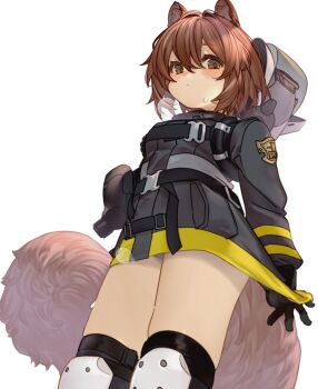 1girl animal_ear_helmet animal_ears animal_helmet arknights black_gloves black_jacket brown_eyes brown_hair commentary_request fire_helmet firefighter_jacket gloves hair_between_eyes highres jacket knee_pads kochiya_(gothope) long_sleeves looking_at_viewer shaw_(arknights) short_hair solo squirrel_ears squirrel_girl squirrel_tail tail white_background