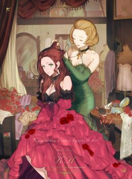 2girls black_choker blush breasts bridal_gauntlets brown_hair choker cleavage closed_eyes closed_mouth dorothea_arnault dorothea_arnault_(timeskip) dress dressing_room fire_emblem fire_emblem:_three_houses flower green_dress green_eyes hair_brush hair_slicked_back highres indoors jewelry kh_(tanakananataka) large_breasts long_hair long_sleeves mannequin manuela_casagranda mirror mole mole_under_eye multiple_girls necklace nintendo off-shoulder_dress off_shoulder open_mouth pearl_necklace pendant pendant_choker red_dress short_hair sitting sleeveless sleeveless_dress smile table tying_hair