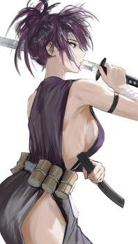 Rule 34 | 1girl, absurdres, arm strap, bandaged wrist, bandages, bare shoulders, breasts, clothing cutout, commentary, from side, highres, hip vent, holding, holding sheath, holding sword, holding weapon, japanese clothes, jigokuraku, kimono, looking ahead, looking to the side, ninja, purple hair, purple kimono, red eyes, sash, sheath, sideboob, sideless outfit, solo, sword, weapon, white sash, yuki daruma92, yuzuriha (jigokuraku)