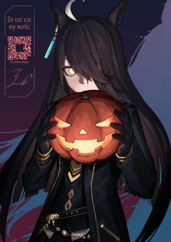1girl ahoge animal_ears artist_name belt black_belt black_coat black_gloves black_skirt black_vest blunt_ends coat ear_ornament earrings english_text gloves hair_over_one_eye hands_up hem_peeking_out highres holding holding_pumpkin horse_ears horse_girl jack-o&#039;-lantern jewelry joki_yoh long_bangs long_hair long_sleeves manhattan_cafe_(umamusume) multicolored_hair necktie pumpkin qr_code shirt signature single_earring skirt solo twitter_username umamusume very_long_hair vest white_hair white_shirt yellow_eyes yellow_necktie