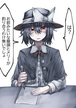 1girl 1other absurdres alternate_eye_color arm_on_table arm_rest black_capelet black_hair black_hat bow bowtie capelet collared_shirt dress_shirt hair_between_eyes hand_on_table hat hat_bow highres holding holding_pen insult insulting_viewer long_sleeves looking_at_viewer muraryo open_mouth paper pen red_bow red_bowtie red_eyes shirt short_hair simple_background sitting sleeve_cuffs solo_focus table talking touhou translated usami_renko white_background white_bow white_shirt