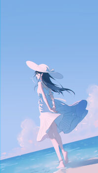Rule 34 | 1girl, a0ja9k, absurdres, arms behind back, black hair, blue sky, chromatic aberration, closed mouth, cloud, commentary request, day, dress, feet out of frame, floating clothes, floating hair, from behind, from side, hair between eyes, hat, highres, hoshino ichika (project sekai), korean commentary, long hair, looking afar, outdoors, own hands together, profile, project sekai, ribbon, sky, sleeveless, sleeveless dress, smile, solo, standing, sun hat, sundress, white dress, white ribbon, wind, wind lift