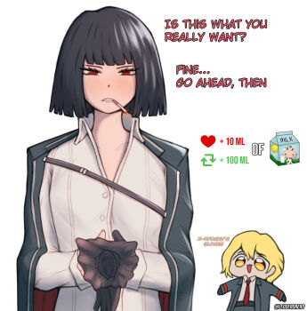 1boy 1girl black_hair blonde_hair bob_cut chibi cigarette collarbone collared_shirt commentary english_commentary english_text flat_chest glove_spread gloves hetero highres holding holding_gloves holding_unworn_clothes leoderorero limbus_company long_hair long_sleeves looking_at_viewer necktie pants project_moon red_eyes red_necktie ringed_eyes ryoshu_(project_moon) shirt short_hair simple_background sinclair_(project_moon) single_glove smoking twitter_username unworn_gloves very_long_hair white_background white_shirt yellow_eyes