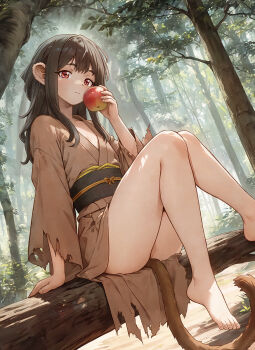 1girl animal_ears apple barefoot black_hair flat_chest food forest fruit highres holding holding_food holding_fruit japanese_clothes kimono long_hair looking_at_viewer monkey_ears monkey_girl monkey_tail nature obi original outdoors red_eyes sash sitting solo tail torn_clothes traditional_youkai unno_hotaru
