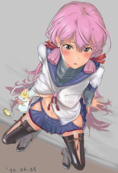 1girl absurdres akashi_(kancolle) black_thighhighs blue_sailor_collar blue_skirt breast_pump clothes_lift clothing_cutout commentary_request dated female_focus from_above full_body green_eyes hair_ribbon highres hip_vent kantai_collection long_hair long_sleeves looking_at_viewer milking_machine ototoi_koi pink_hair pleated_skirt pump ribbon sailor_collar school_uniform serafuku shirt_lift sitting skirt solo thighhighs tress_ribbon