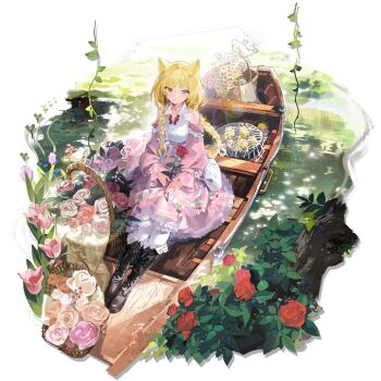 1girl animal_ears arknights bare_shoulders basket black_boots blonde_hair blue_eyes boat boots bow braid bug butterfly cat_ears cat_girl dress flower frills full_body hair_ornament heterochromia highres holding holding_flower insect knee_boots lace-up_boots long_hair long_sleeves looking_at_viewer nightmare_(arknights) nightmare_(the_ferry_girl)_(arknights) official_alternate_costume official_art pantyhose pink_dress pink_flower pink_rose red_bow red_eyes red_flower red_rose rose shirt sitting smile solo studio_montagne transparent_background twin_braids water watercraft white_flower white_pantyhose white_rose white_shirt yukuso_(dabiandang)