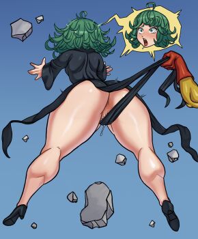 1boy 1girl absurdres ass black_dress black_footwear blue_sky blush cameltoe constricted_pupils curly_hair day debris dress from_behind from_below full_body gloves green_eyes green_hair high_heels highres huge_ass long_sleeves matching_hair/eyes no_panties one-punch_man open_mouth pokpa pussy red_gloves saitama_(one-punch_man) short_hair simple_background sky surprised tatsumaki tears teeth thick_thighs thighs tongue upper_teeth_only