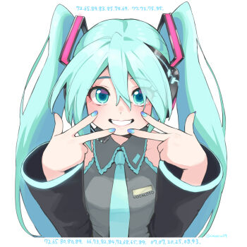 1girl aqua_eyes aqua_hair bare_shoulders breasts collared_shirt detached_sleeves double_v grey_shirt grin hair_between_eyes hands_up hatsune_miku headset light_blush long_hair looking_at_viewer necktie omaru_gyuunyuu shirt small_breasts smile solo straight-on twintails twitter_username upper_body v v_over_mouth vocaloid