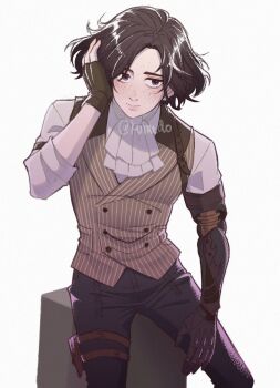 1boy ascot black_gloves black_hair black_pants blue_eyes brown_vest closed_mouth cowboy_shot fingerless_gloves freckles gloves hand_on_own_head hand_up hashtag-only_commentary highres kuraedo lies_of_p looking_at_viewer male_focus mechanical_arms pants parted_hair photo-referenced pinocchio_(lies_of_p) prosthesis prosthetic_arm shirt short_hair simple_background single_mechanical_arm sitting solo vest white_ascot white_background white_shirt