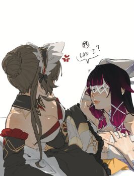 2girls anger_vein between_legs braid braided_bun breasts cameltoe cleavage closed_eyes closed_mouth columbina_(genshin_impact) commentary detached_sleeves dress english_commentary garter_straps genshin_impact grey_hair hair_bun highres kapom large_breasts long_hair multiple_girls panties purple_hair sandrone_(genshin_impact) simple_background smile thighhighs underwear white_background white_dress white_panties white_thighhighs yuri