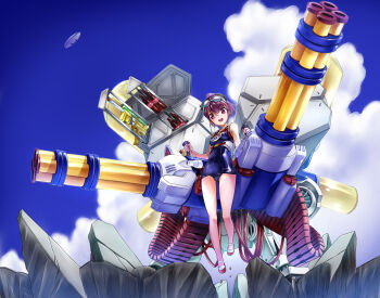 1girl bottle cable cloud cola commentary_request day dendrobium_schema fate/grand_order fate_(series) female_focus goggles gundam helena_blavatsky_(fate) helena_blavatsky_(swimsuit_archer)_(first_ascension)_(fate) highres parody purple_eyes purple_hair school_swimsuit senomoto_hisashi short_hair sky soda_bottle solo swimsuit water_gun