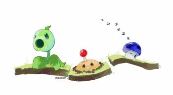 Rule 34 | artist name, brown eyes, buck teeth, closed eyes, commentary, dirt, film grain, grass block, green eyes, halftone, highres, hightguy, leaf, looking at viewer, mushroom, no humans, on grass, peashooter (plants vs. zombies), plant, plant focus, plants vs. zombies, potato mine (plants vs. zombies), puff-shroom (plants vs. zombies), simple background, solid oval eyes, symbol-only commentary, teeth, u u, white background, zzz