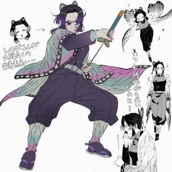 1girl animal_print belt black_hair black_jacket black_pants breasts butterfly_hair_ornament butterfly_print chibi chibi_inset demon_slayer_uniform drawing_sword fighting_stance full_body furrowed_brow hair_ornament hand_to_own_mouth haori highres holding holding_sword holding_weapon jacket japanese_clothes katana kendama_01 kimetsu_no_yaiba kochou_shinobu medium_breasts multiple_views nail_polish pants parted_bangs print_haori purple_hair purple_nails sandals sidelocks solo sparkle sword tabi updo walking weapon white_background white_belt